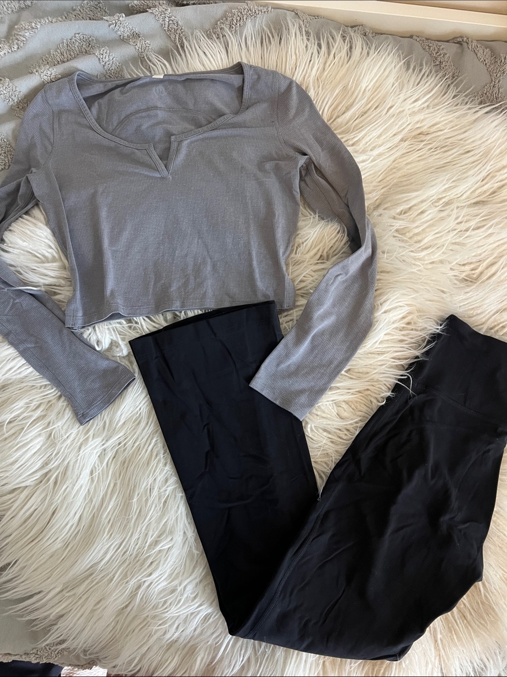 Lululemon Gray Long Sleeve Crop Henley and Black Flare Leggings Bundle